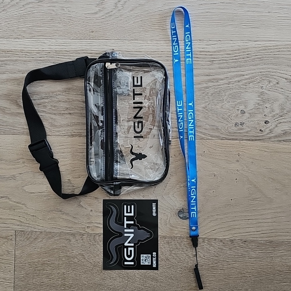 NWOT IGNITE Vapes Clear Fanny Pack, Sticker, Vape Necklace, And Coupon